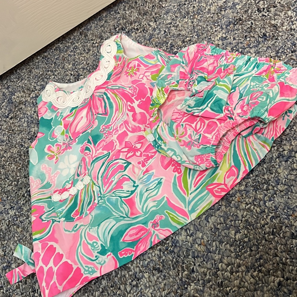 EEUC Lilly Pulitzer Hot on the Scene baby dress and bloomers size 3-6M